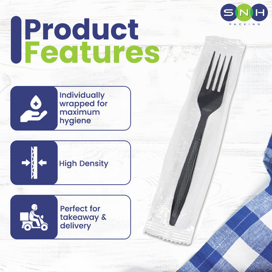 Fork Black HD Wrap  Heavy Duty Individually Wrapped Disposable Plastic Forks