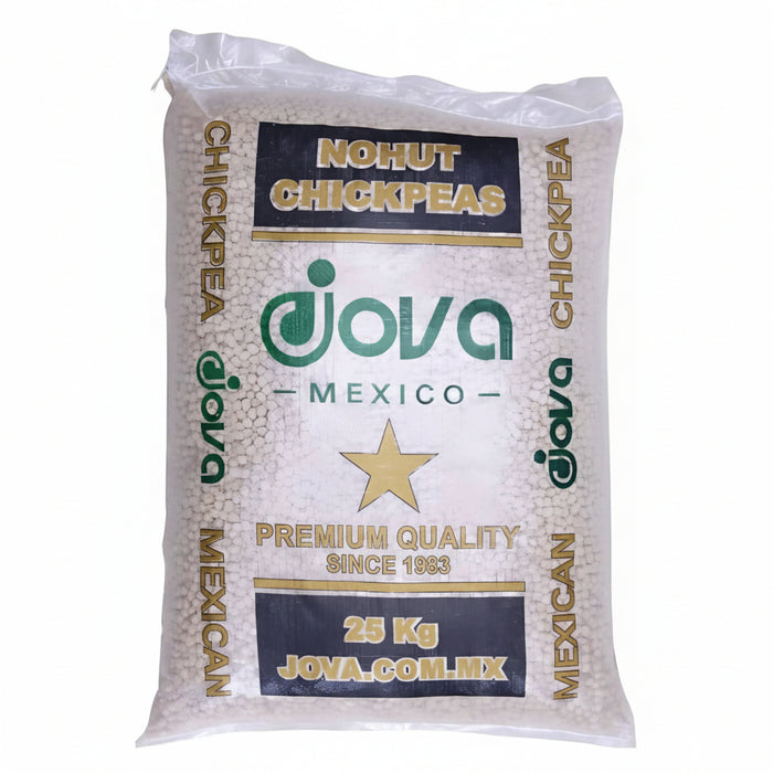A 25 kg bag of Jova Mexico Nohut Chickpeas, featuring a white bag with green and gold branding and chickpea grains visible through the translucent material.