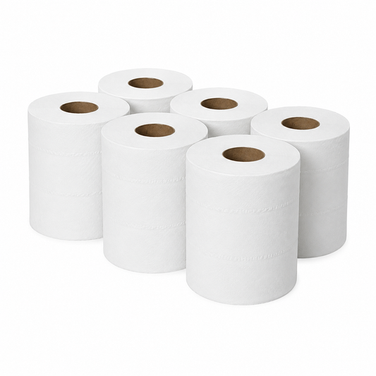 Six white toilet paper rolls arranged in a cluster on a clean white background.