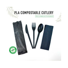 Bio-Degradable PLA Cutlery Set Black With Napkin