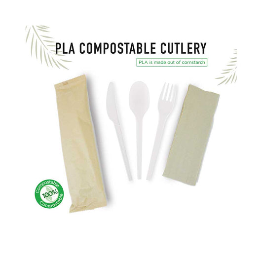 Bio-Degradable PLA Cutlery Set With Napkin 1X500 Pieces - Your One Stop Solution UAE