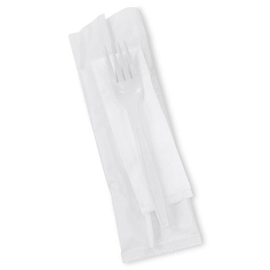 PLA Cutlery Pack – White Fork & Napkin (500 Packs) | Eco-Friendly Biodegradable Disposable Tableware