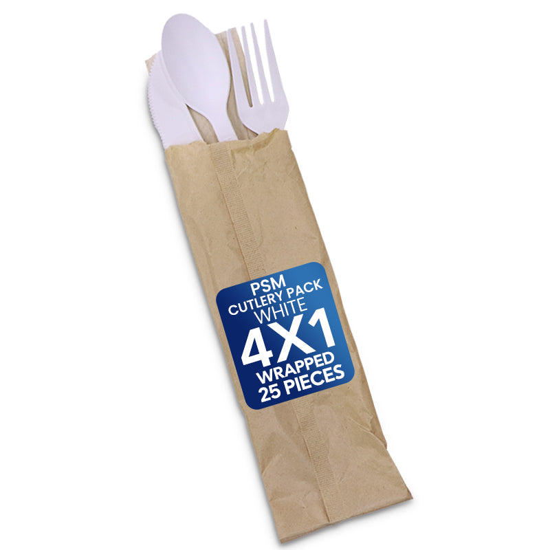 PSM Cutlery Pack White 4x1 Wrapped – Eco-Friendly Disposable Cutlery Set