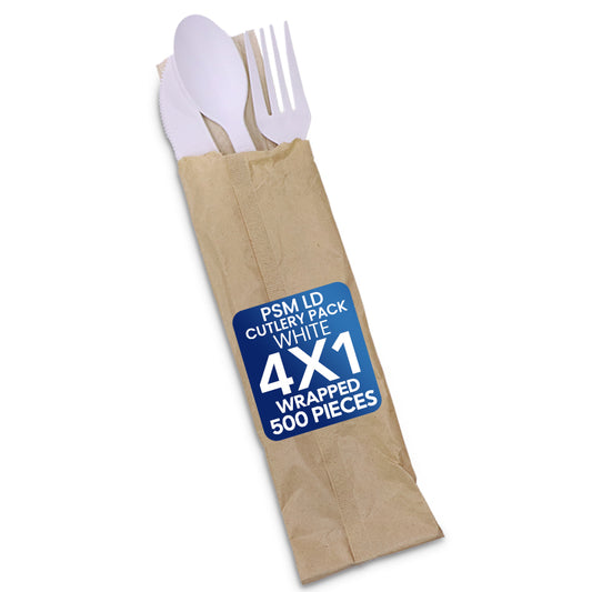 PSM LD Cutlery Pack White 4x1 Wrapped – Eco-Friendly Disposable Cutlery Set (1 x 500 Pieces)
