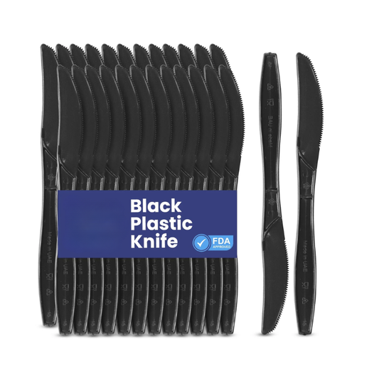 Clear & Black Plastic Knives – Heavy Duty Cutlery | Disposable Catering Supplies