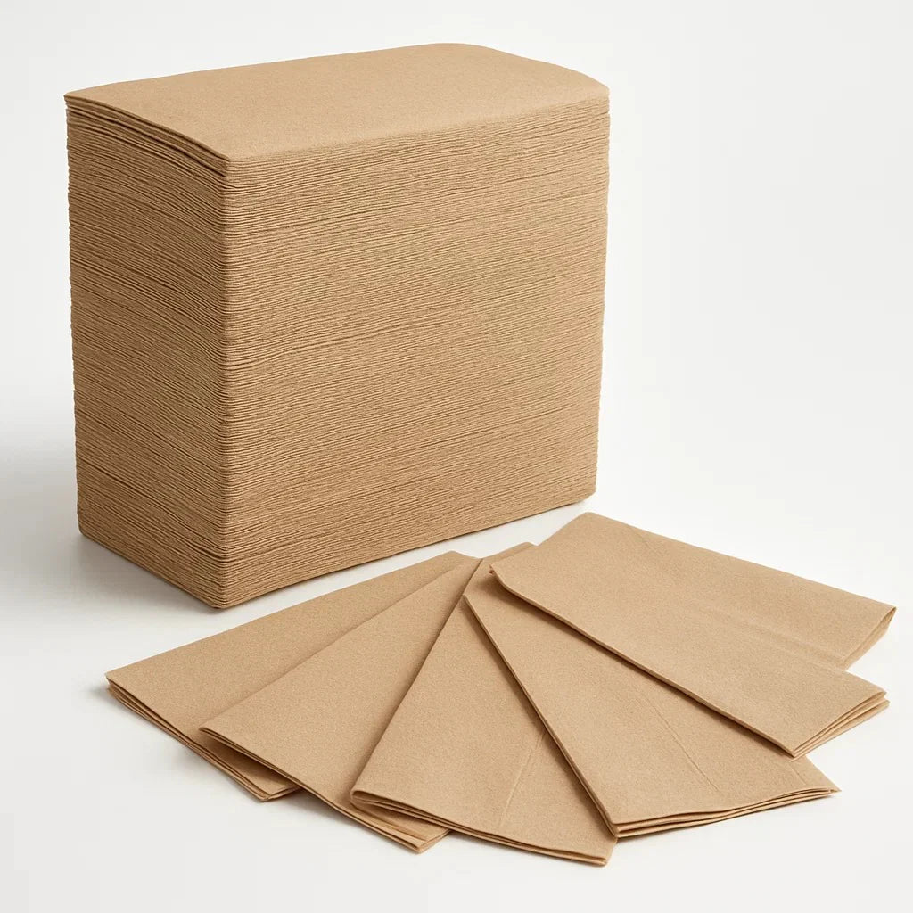 Stack of brown paper napkins on a white background