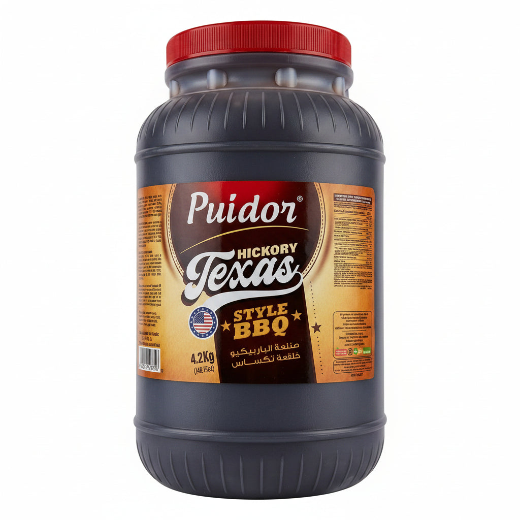 A 4.2kg plastic tub of Puidor Hickory Texas Style BBQ sauce, featuring a dark brown sauce visible through the translucent container, a red lid, and a brown and gold label.