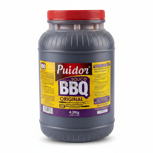 A 4.2kg plastic tub of Puidor Sauce BBQ Original, featuring a dark gray container, a red lid, and a yellow and purple label.