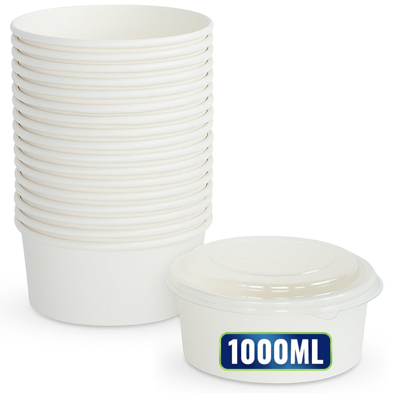 Round Salad Bowl with PP Lid – White (500ml, 750ml, 1000ml, 1100ml) | Disposable Food Containers for Salads, Pasta & Meals