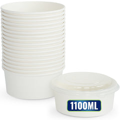 Round Salad Bowl with PP Lid – White (500ml, 750ml, 1000ml, 1100ml) | Disposable Food Containers for Salads, Pasta & Meals