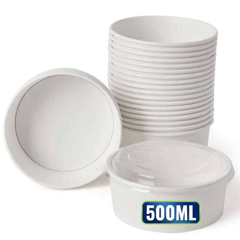 Round Salad Bowl with PP Lid – White (500ml, 750ml, 1000ml, 1100ml) | Disposable Food Containers for Salads, Pasta & Meals