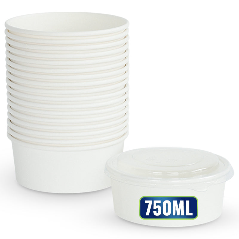 Round Salad Bowl with PP Lid – White (500ml, 750ml, 1000ml, 1100ml) | Disposable Food Containers for Salads, Pasta & Meals