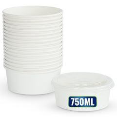 Round Salad Bowl with PP Lid – White (500ml, 750ml, 1000ml, 1100ml) | Disposable Food Containers for Salads, Pasta & Meals