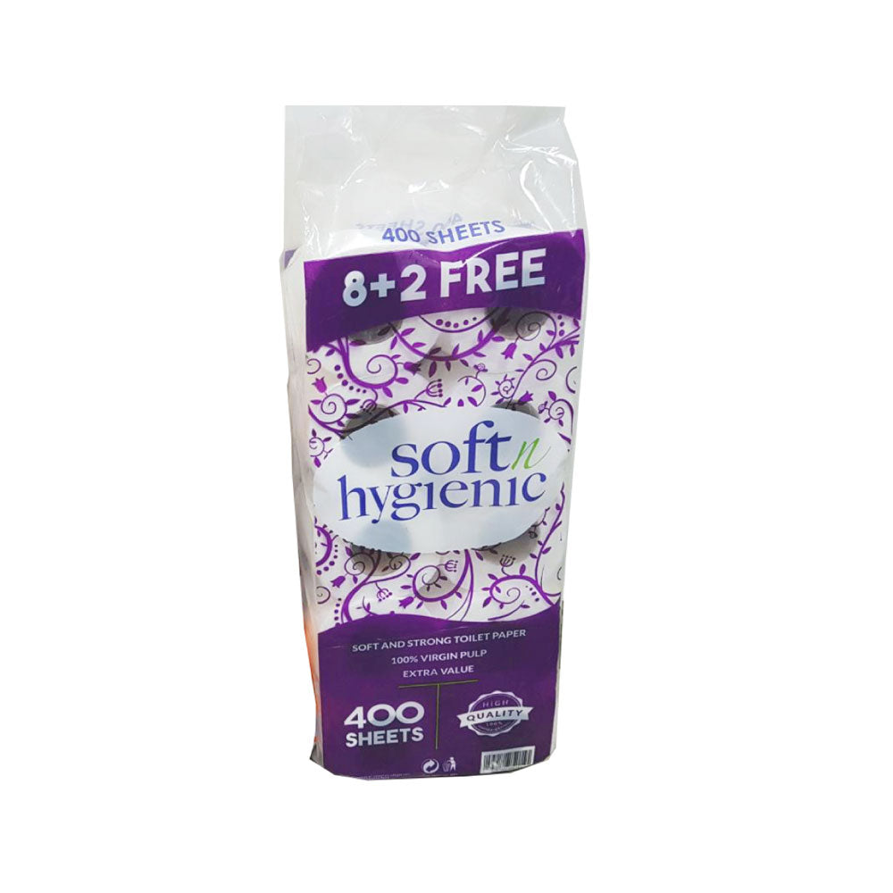 Soft N Hygienic Toilet Roll Tissue – 400 Sheets | 10 Rolls x 1 Pack | Premium Bathroom Tissue Paper