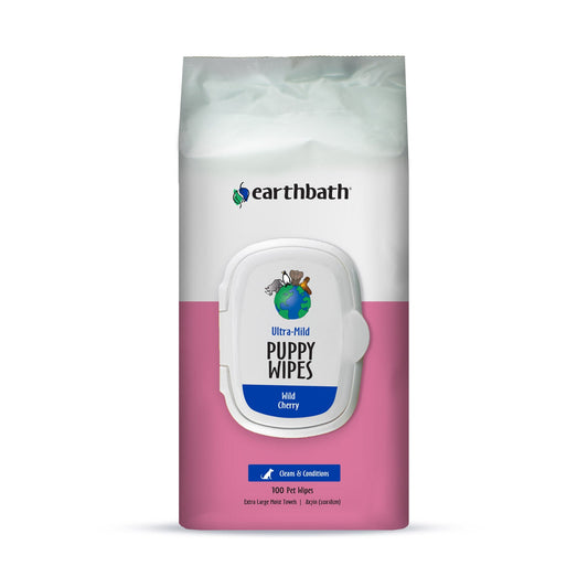 Earthbath® Ultra-Mild Puppy Wipes, Wild Cherry, Cleans & Conditions, 100 ct plant-based wipes in re-sealable pouch
