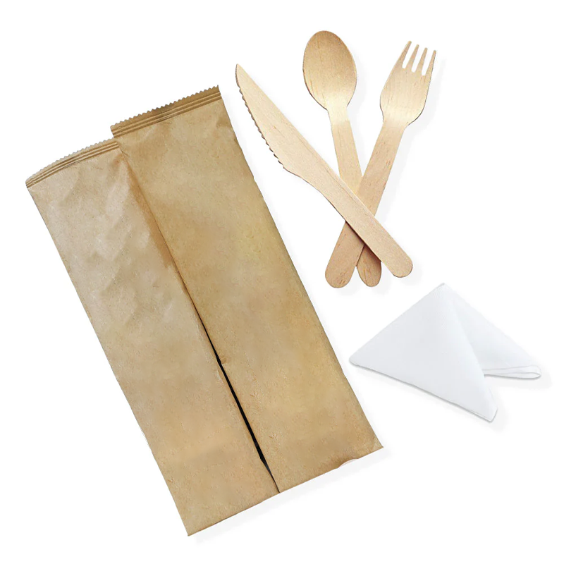 Eco-Friendly Wooden Cutlery – Wrapped Spoon, Fork, Knife & Napkin
