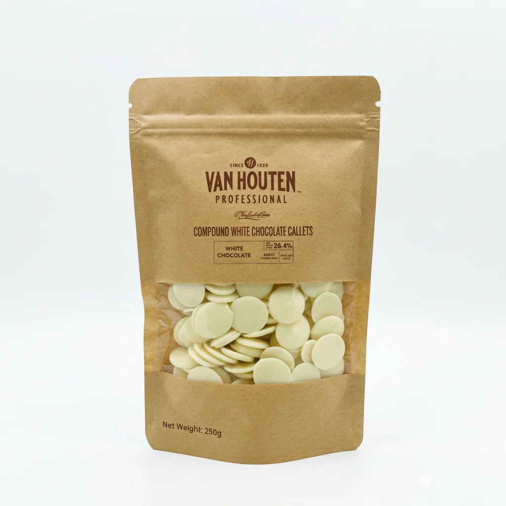 Packaging of Van Houten compound white chocolate callets on a white background
