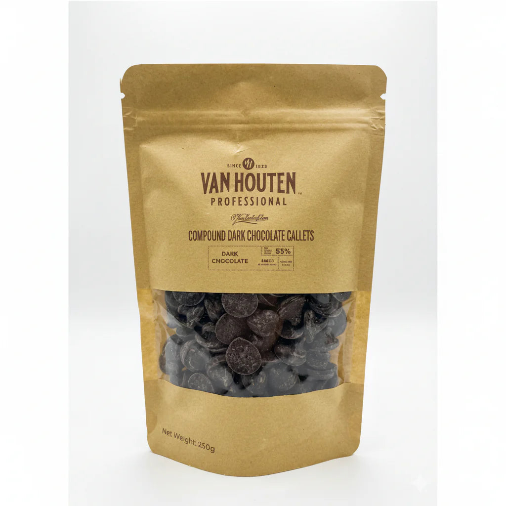 Van Houten compound dark chocolate callets packaging on a white background