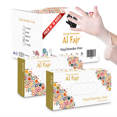 Al Fair vinyl gloves packaging with a hand wearing a glove on a white background