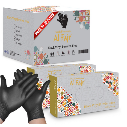 Box of Al Fajr black vinyl gloves with colorful packaging design.