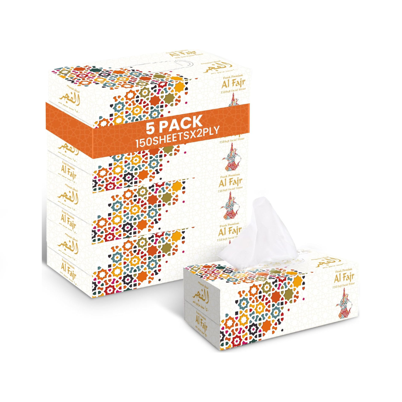Al Fajr Facial Tissue 150 Sheets 2 Ply Soft Strong 5 Boxes