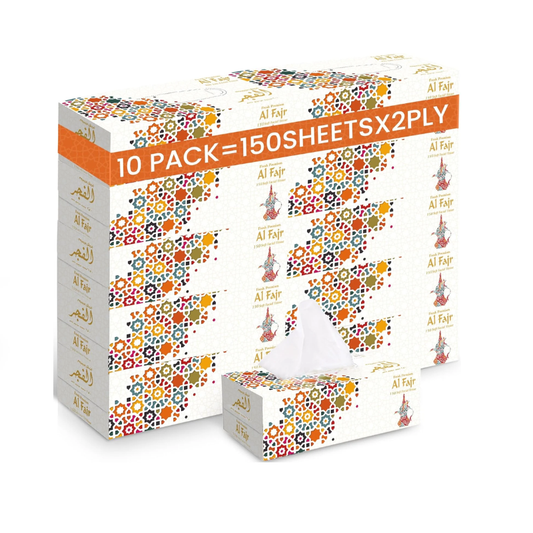 Box of Al Fair tissues with colorful design and text on a white background