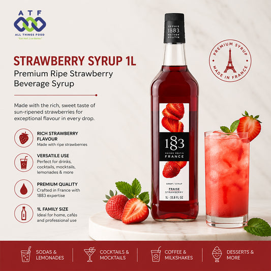 A 1L bottle of 183 Strawberry Syrup (Ripe Strawberry Beverage Syrup) displayed next to a glass of pink strawberry iced drink on a marble surface, with fresh strawberries and mint leaves. The background is white with red text detailing product features and branding.