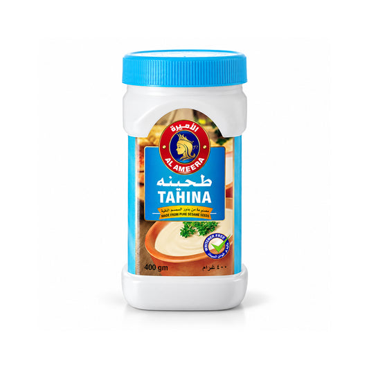 A 400g plastic jar of Al Amfera Tahina sauce, featuring a bright blue screw cap and a colorful label with a camel logo and a bowl of sauce