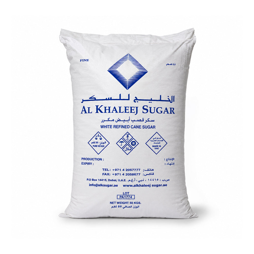 A large white bag of Al Khaleej Sugar White Refined Cane Sugar, featuring blue text and logo