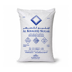 A large white bag of Al Khaleej Sugar White Refined Cane Sugar, featuring blue text and logo