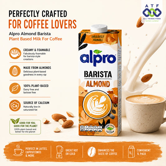 Alpro Almond Barista plant-based milk in a 1.5L carton, shown alongside a cup of coffee with milk foam on a warm beige background with promotional text and almonds.