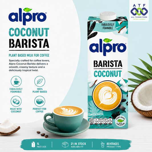 Alpro Coconut Barista plant-based milk carton with a cup of latte, coconut imagery, and product callouts. Visible brand text includes Alpro and ATF All Purpose Food.