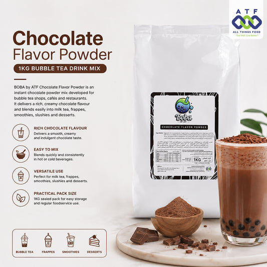 A 1kg bag of BOBA by ATF Chocolate Flavor Powder drink mix shown next to a prepared iced coffee with boba pearls, chocolate pieces, and descriptive text.