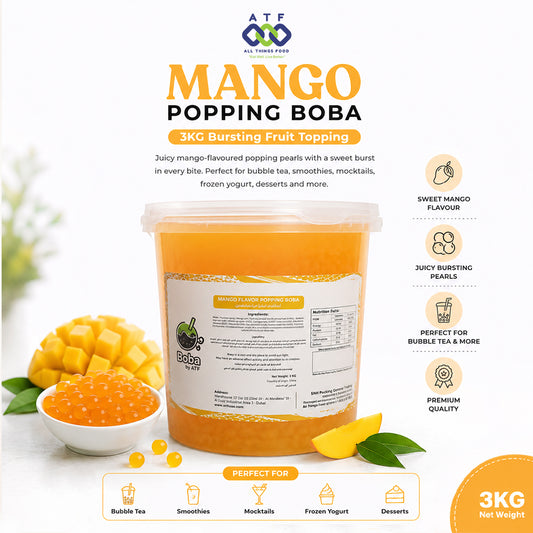A 3KG tub of ATF All Too Fresh Mango Popping Boba fruit topping, featuring a clear lid and a white label, displayed with fresh mangoes, a bowl of the topping.