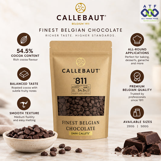 A stand-up pouch of Callebaut 811 Finest Belgian Chocolate Dark Callets in a kraft paper bag, with chocolate pieces and a bowl of chocolate chips. The image includes marketing text and icons highlighting 54.