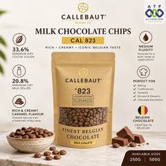 A 500g stand-up pouch of Callebaut Milk Chocolate Chips (Cal 823) with product details, chocolate pieces, and a bowl of chocolate chips.