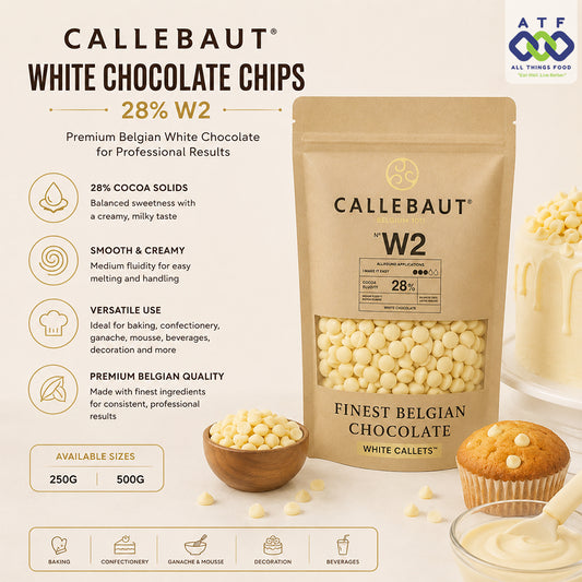 A stand-up pouch of Callebaut White Chocolate Chips, 28% W2, with product details, icons, available sizes, and small food examples including a chocolate chip muffin and a bowl of white chocolate cream.