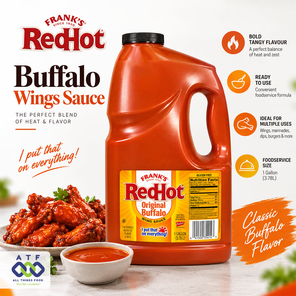 A large plastic jug of Frank's RedHot Buffalo Wings Sauce with promotional text, a bowl of buffalo wings, and a small dish of sauce. The image includes product branding, flavor callouts, and usage benefits.