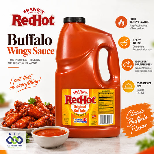 A large plastic jug of Frank's RedHot Buffalo Wings Sauce with promotional text, a bowl of buffalo wings, and a small dish of sauce. The image includes product branding, flavor callouts, and usage benefits.