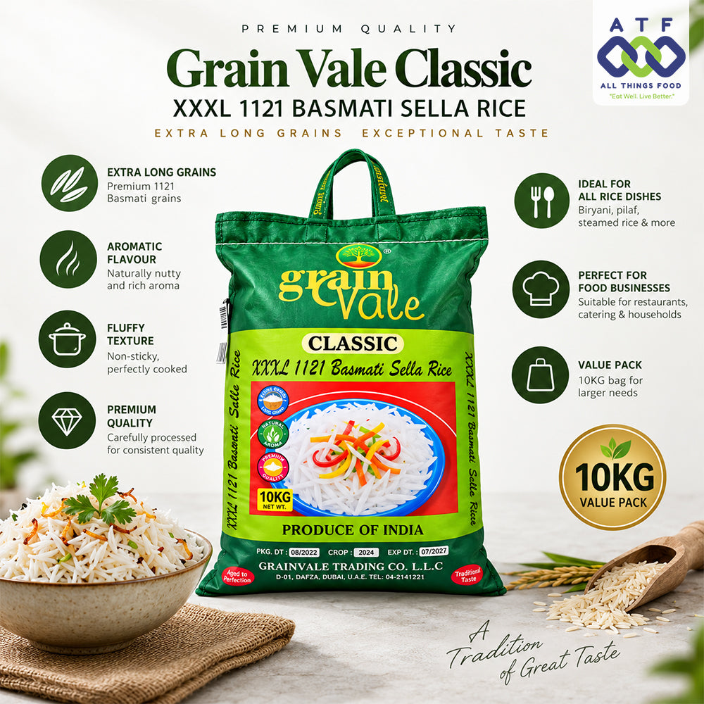 A 10kg bag of Grain Vale Classic Basmati rice displayed with promotional text, icons, and a bowl of prepared rice. The bag is green and red with the brand name 'grain vale' prominently visible.
