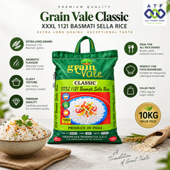 A 10kg bag of Grain Vale Classic Basmati rice displayed with promotional text, icons, and a bowl of prepared rice. The bag is green and red with the brand name 'grain vale' prominently visible.