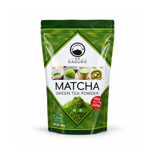 A 500g stand-up pouch of Kagura Matcha Green Tea Powder, featuring a green and white design with illustrations of matcha tea preparations and a red 'Made in Japan' badge.