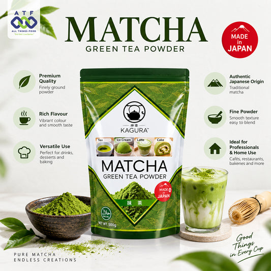 A 500g bag of Kagura Matcha Green Tea Powder is displayed in a professional product listing graphic. The packaging is green and white with a diamond pattern, shown next to a prepared matcha green drink in a glass, a small bowl of loose matcha powder, and a bamboo whisk.