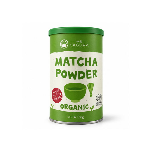 A green and white canister of Kagura Matcha Powder Organic