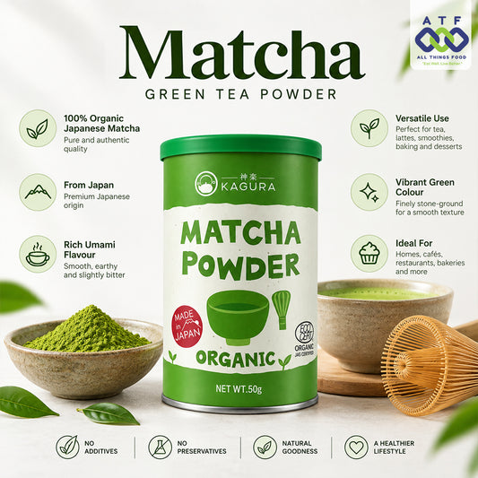 A 500g tin of Kagura Organic Matcha Green Tea Powder, surrounded by bowls of green tea powder, a whisk, and text callouts highlighting product benefits. The brand logo 'Kagura' is clearly visible on the tin.
