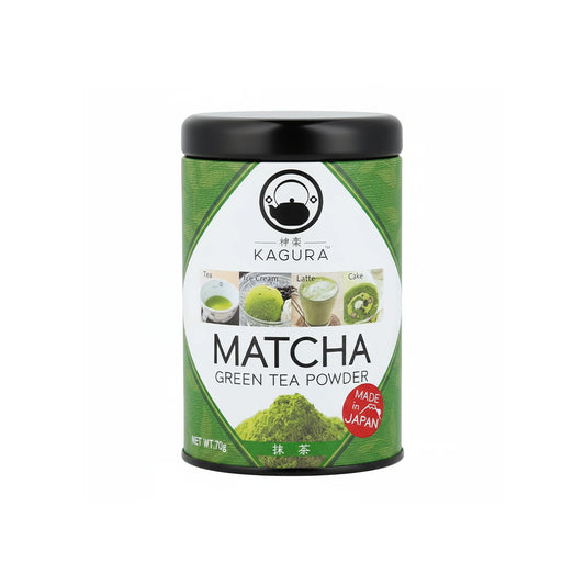 A cylindrical canister of Kagura Matcha Green Tea Powder with a black lid and a green and white label