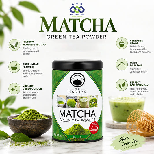 A container of Kagura Matcha Green Tea Powder centered with decorative tea leaves, a bowl of loose matcha powder, a whisk, and text callouts describing the product. The visible product brand is Kagura; the top logo also reads ATF All Tenders Food.