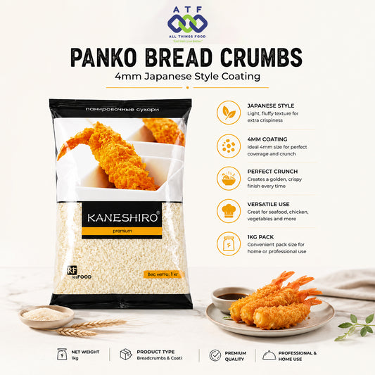A bag of Kaneshiro Premium Panko Bread Crumbs with 4mm Japanese Style Coating, with culinary props like cooked shrimp, a small bowl, and text detailing product features and benefits.