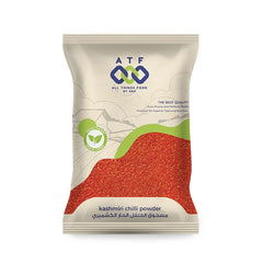 A package of ATF All Things Food by Sin Kashmiri chili powder, featuring a beige bag with a prominent red graphic representing the chili powder and green accents.