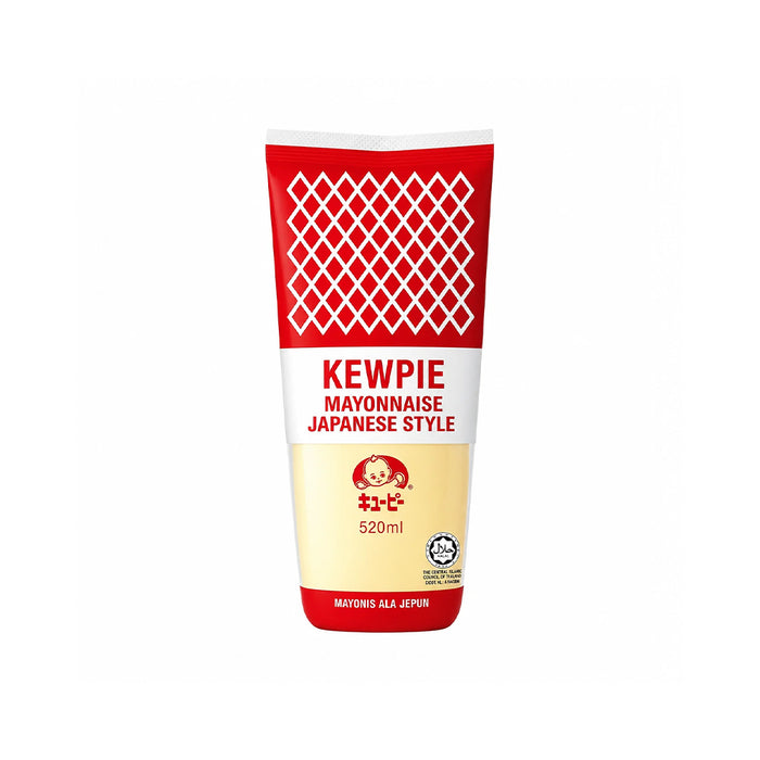 A squeeze tube of Kewpie Mayonnaise Japanese Style, 520ml, featuring its signature red and white packaging with a cream-colored lower section.